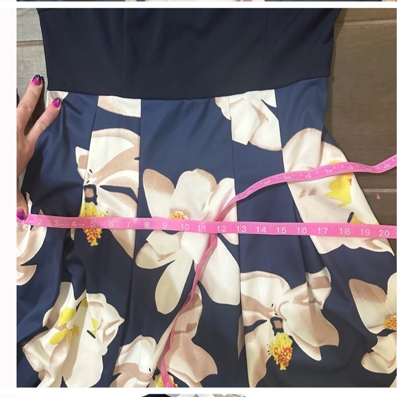 Beautiful navy blue dress with floral skirt and orange sash tie back zip large - Picture 11 of 13